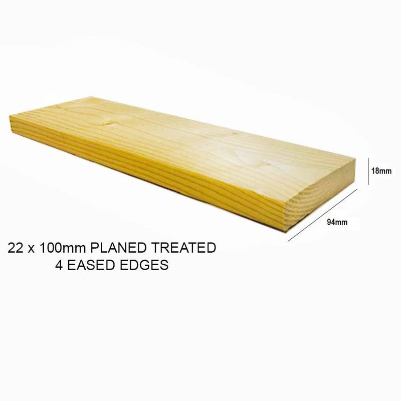 22mm x 100mm Planed Treated Boards (Finish 94mm x 18mm) :   £ 1.99  per metre